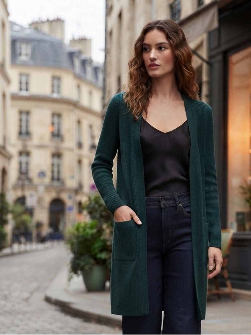 Lauren Ralph Lauren Deep Green Ribbed Open-Front Long Cardigan